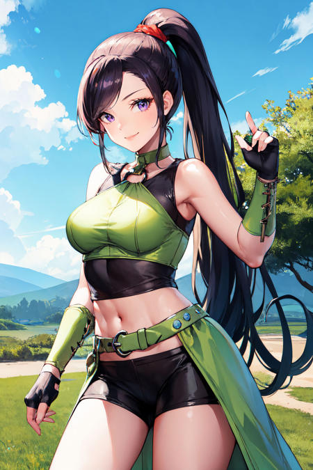 masterpiece, best quality, highres, martina, purple eyes, bangs, black hair, long hair, high ponytail, hair scrunchie, crop top, o-ring top, green shirt, bare shoulders, sleeveless, green choker, navel, fingerless gloves, green belt, short shorts, waist cape, smile, cowboy shot, looking at viewer, outdoors, day, blue sky