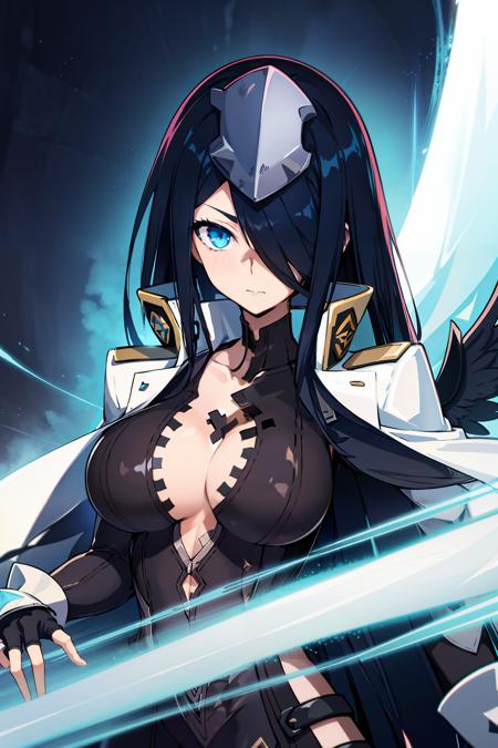 absurdres, highres, (official art, beautiful and aesthetic:1.2), front view, 1girl, solo, <lora:pawoonekoyanagi7:1>, pawoonekoyanagi, hair over one eye, very long hair, black hair, blue eyes, jacket, fingerless gloves, large breasts, (shining eyes:1.2), (fractal art, (kaleidoscope:0.9), colorfield painting), (shine effects, seraph effects, lighting effects:1.25), upper body, looking at camera,