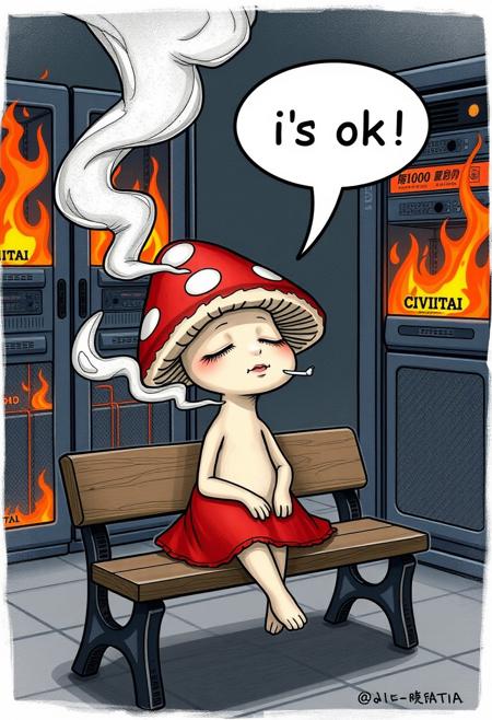 Mushroom woman with closed eyes smoking on bench, speech bubble "It`s ok" against the backdrop of burning servers, on the server rack is the text: "CIVITAI"