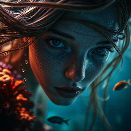 A close-up of a siren’s face underwater, with ethereal beauty and haunting eyes. Her skin has a shimmering, scaly texture with subtle bioluminescence. Flowing hair sways gently in the water, partially blending with strands of seaweed. In the background, vibrant coral reefs in shades of red, orange, and purple glow softly in the dim light. Light beams from the ocean surface filter down, creating a dreamy, mystical ambiance. Fine air bubbles float around her face, and small fish dart by in the distance. Hyper-realistic, cinematic lighting, magical and mysterious atmosphere.