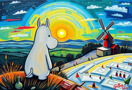 score_9, score_8_up, vivid colors, vibrant colors,  Expressive, vivid colors,  Moomin:3, Moomintrollen:3,  far away, wallpaper, beautiful landscape, masterpiece, sun, Winter:3
looking in the distance:3, backview, looking at landscape, windmill, Cubism:3