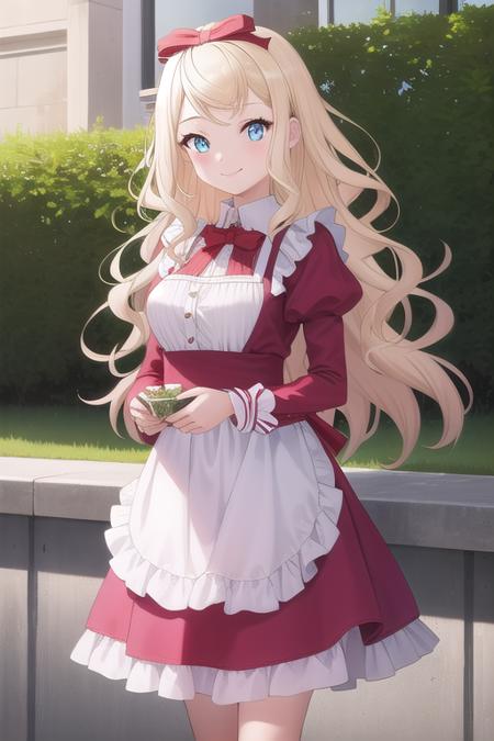 Alice Blanche long hair,wavy blond hair,hair ribbon,hair bow,red bow,parted bangs,blue eyes pink dress,frilled dress,long sleeves,puffy detached sleeves,medium breasts,skindentation,waist apron,pink apron,high heels