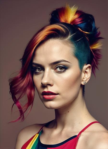 portrait of sks woman by Flora Borsi, style by Flora Borsi, bold, bright colours, rainbow Mohawk haircut, ((Flora Borsi)), <lora:lora_daisy_v1_from_v1_160:1>