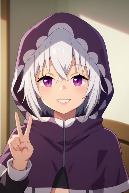 TisseBHPXL, purple eyes, white hair, short hair, hair between eyes, small breasts, purple hood up, purple capelet, black crop top, long sleeves, suspenders, shorts purple, black thighhighs, black shoes