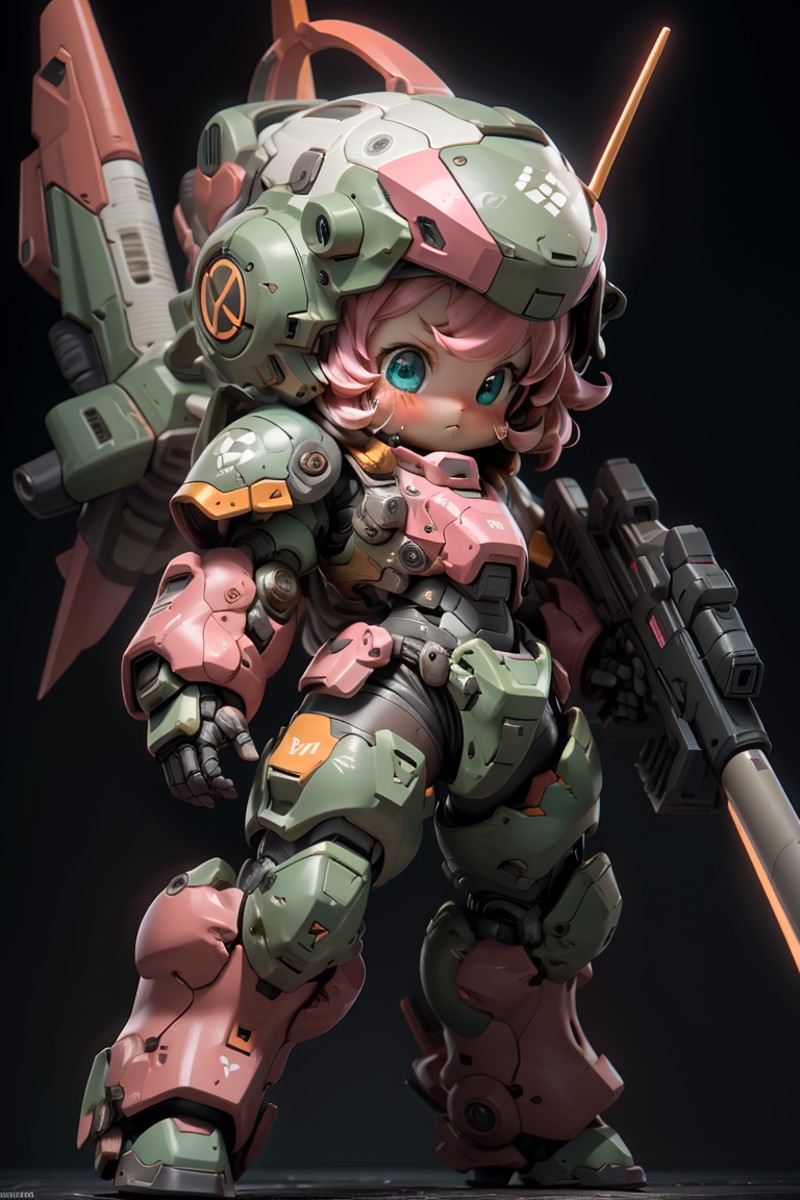 BJ_Cute_Mech,1girl,solo,blush,blue_eyes,holding,closed_mouth,standing,full_body,weapon,pink_hair,chibi,holding_weapon,armo...