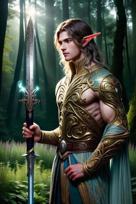 (masterpiece:1.2), (best quality:1.2), (very aesthetic:1.2), (absurdres:1.2), (intricate details:1.1), (detailed background:1.1), semi-realism, midjourney style, DonM3lv3s, 
A breathtaking fantasy scene featuring a striking young elven warrior with luminous, radiant bright blue eyes and flowing, medium-length brown hair adorned with delicate silver leaves. His noble, ethereal presence shines through a tight-fitted, intricately embroidered tunic that accentuates his muscular, toned physique. He stands confidently in a mystical, sun-dappled forest clearing, bathed in a soft, golden glow that highlights his elvish grace. The background weaves a dreamlike tapestry of ancient trees with shimmering bark, vibrant wildflowers, and faint wisps of magical mist curling around his enchanted silver sword. Subtle lighting effects create a radiant halo, enhancing the otherworldly allure. The semi-realistic anime art style boasts smooth shading, polished textures, and vibrant, mystical colors—evoking elegance, power, and the boundless wonder of an elven realm.