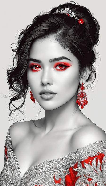 Flat 2D Art, (masterpiece), (best quality), (ultra-detailed), Silhouette Art, line art drawing , A digital illustration that combines the concepts of a black and white pencil sketched beautiful woman with vibrant red accents from a colored pencil drawing, creating a dramatic and dynamic silhouette. Contrast. The beautiful woman's delicate features are detailed with fine lines, while her hair contour and elements of her dress outline glow with luminous red. Small ear with a small shiny gem earring, The background is minimal, focusing on the interplay of the monochrome sketch with the vivid reds, reminiscent of glowing embers or the flowing lava of a volcano, suggesting a fusion of classical drawing with a fiery energy. professional, sleek, modern, minimalist, graphic, line art, vector graphics, high contrast, well defined, Silhouette Art, illustration, disheveled hair, detailed eyes, perfect composition, moist skin, intricate details, by wlop, simple flat color, 2-dimensional, Flat 2D Art Style.
<lora:InkArtXL_1.2:0.4>  <lora:add-detail-xl:1.2>