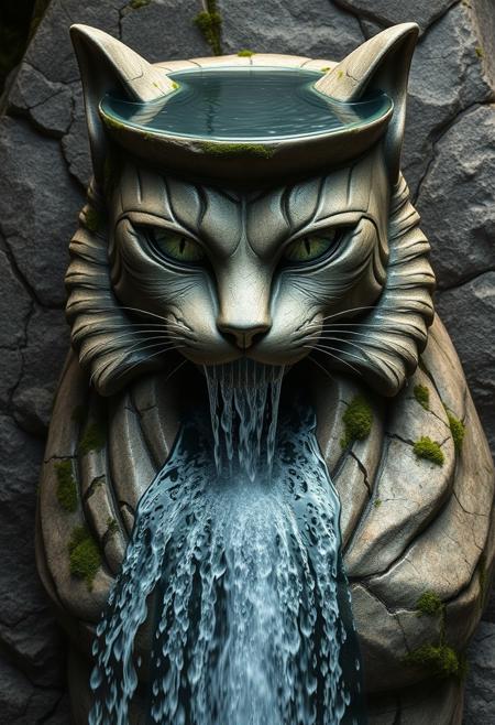 "Create a photorealistic image of a majestic cat sculpted from stone, with a serene pool of water resting on its head, evoking a tranquil pond. A breathtaking waterfall cascades down the cat's body, showcasing water in its most powerful and beautiful form. The stone is weathered, with fine cracks and crevices that add texture and depth to the image. Moss fills some of the cracks, while others remain bare, revealing the stone's natural grain. The cat's eyes are radiant and gorgeous, with a beautiful pattern of lighter and darker stone swirling around them, creating a sense of depth and dimension. The overall effect is one of breathtaking wonder, as if the cat has been carved from the very earth itself. The image should capture the intricate details of the stone and the water, with a sense of movement and flow." Highest-Quality, 4k, intricate details, visually stunning, Masterpiece