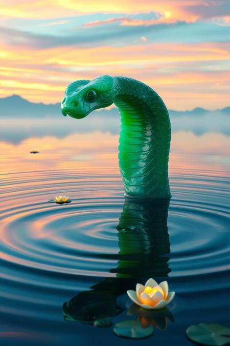 jade_snake. A surreal image of a jade snake rising gracefully from a still, mirror-like lake at dawn. Its body appears semi-translucent, glowing with green and aquamarine hues, as if sculpted from living jade. Ripples form around it, reflecting the snake’s shimmering body and a surreal, multicolored sky. The scene is otherworldly, with floating lotus flowers glowing faintly and distant mountains blending into the mist. The snake’s gaze is hypnotic, drawing the viewer into its ethereal world.