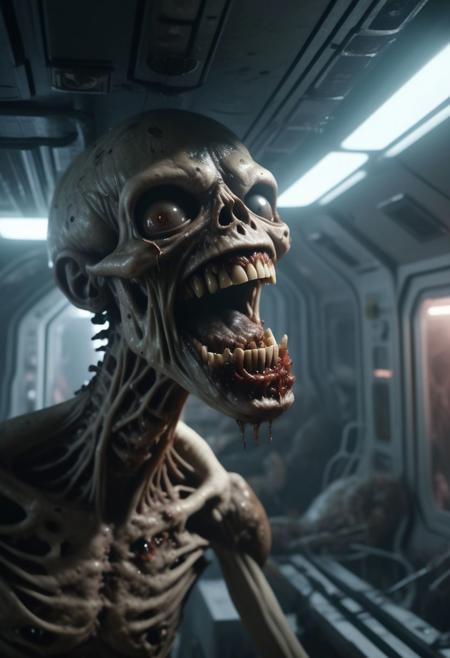(masterpiece sci-fi dark gritty hyperrealisitic concept art 8k)  fungi zombie horror smiling menacingly close up,   atmospheric lighting, space station med bay
