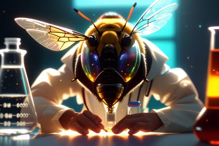 A personified bee insect scientist dressed in a white lab coat mixing test tubes of chemicals in a chemistry lab, bokeh, canon 50mm, cinematic lighting, volumetric light, octane, octane render, redshift render shine512