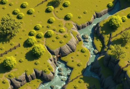 steppe with bushes in a game environment, (small rivers:1.2), ladders, fences, Andries Stock, computer graphics assets, Flat 2D Art extremely beautiful, masterpiece, best quality