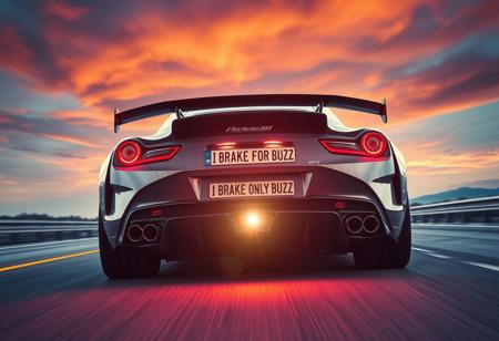 “A high-performance sports car seen from the back, exuding power and speed. The sleek design features aggressive aerodynamics, wide tires, and distinctive tail lights. The license plate boldly reads ‘I BRAKE ONLY FOR BUZZ.’ The car is in motion on an open highway at dusk, with motion blur enhancing the sense of speed. The exhaust emits a faint glow, hinting at raw horsepower. The background showcases a dramatic sky with deep oranges and purples, adding to the cinematic feel. Ultra-realistic reflections on the car’s glossy surface and intense lighting make the scene striking and dynamic.”