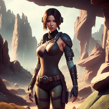 an attractive female bounty hunter standing in a fantasy wilderness (alientemple:1) <lora:djzAlienTemple_LB2:0.8>