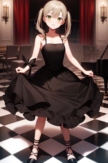 masterpiece, best_quality, 1girl, solo, maka albarn, soul eater, twintails, black dress, dark room, checkered floor, piano, dark, green eyes,