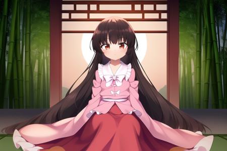 masterpiece, best quality,<lora:kaguya-000014:0.5>,1girl,houraisan kaguya, touhou, long hair, black hair, hime cut, pink shirt,pink sleeves,red long skirt,bamboo forest,night,moon,pavilion,brown eyes,flat chest,sitting on the fence