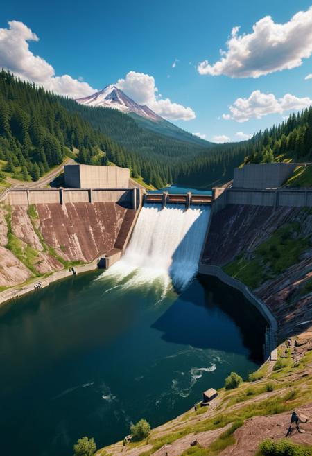 extremely detailed, landscape of a dam, lake ,in ravine, sunny weather, some cloud, unreal engine 5, perfect composition, vibrant, rtx, hbao, sharp, expanded view, dam view, pnw, (mount jefferson) (cougar-Reservoir)