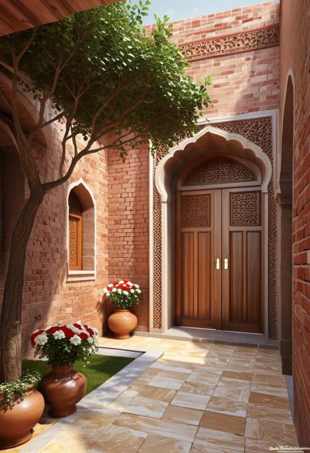 Exterior space, Persian house, tree and greenery, vase with white and red flowers, cinematic, high detail, traditional space, brick wall combined with clay, wooden doors of traditional Iranian house, brick arch, realistic, rendering octane, volumetric, design Beautiful and pleasant