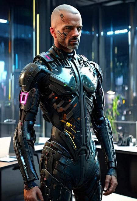 1man, city major, a powerful confident  sophisticated cyborg executive, age-45, very short hair, goatee, male,    in a stiff futuristic formal rubber  bodysuit, a tie, suit, fancy epaulets, in a cyberpunk city skyscraper science fiction room office, futuristic image
(realistic photograph, 8k resolution, tilt-shift lens:0.9)