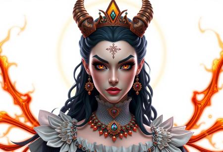 Create a highly detailed, 8K resolution artwork of Morgana, personifying greed, dressed as a queen on a white background with an orange, evil energy aura. Incorporate elements of Queen Jezebel and Dragolisco. Use a sarcastic, full-body pose and emphasize big eyes. Inspired by the styles of Artgerm, Norman Rockwell, and Makoto Shinkai. Render in Octane with soft, volumetric lighting and pastel colors. Ensure a symmetrical composition with the golden ratio in mind. Character design should be trending on Artstation, with a detailed face and intricate details.