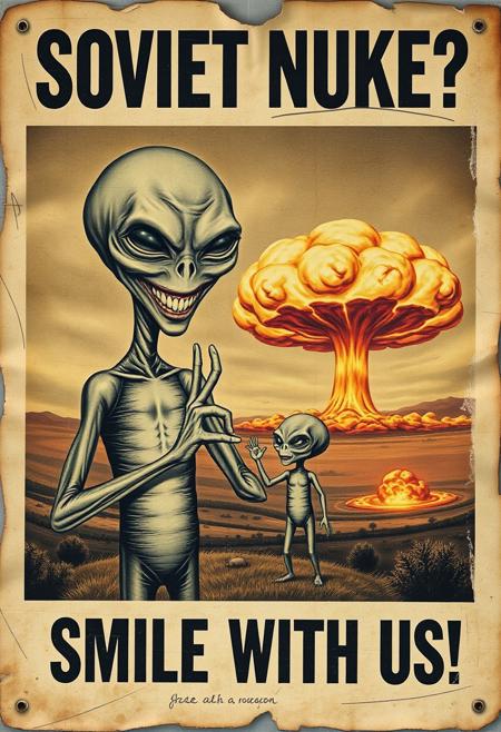 “A decayed, vintage-style poster from 1957, weathered and torn, depicting a surreal and apocalyptic scene. The faded image shows a pair of aliens—one an imposing, tall figure (the father), and the other a smaller, childlike alien (the son). The father holds the son’s hand with one hand, while making an exaggerated ‘OK’ sign with his other hand, both with unsettling, alien features. The father’s wide, mad smile radiates an eerie, otherworldly charm. In the far background, a massive nuclear mushroom cloud dominates the sky, with fiery orange fireballs at its base and visible blast waves rippling through the landscape. The poster’s bold text, ‘SOVIET NUKE?’ across the upper section and ‘SMILE WITH US’ in the lower section, is faded, smeared, and inked with scribbles and stains. The paper appears rotten, with tears, creases, and discolored edges, adding to the haunting, apocalyptic atmosphere of the piece.”