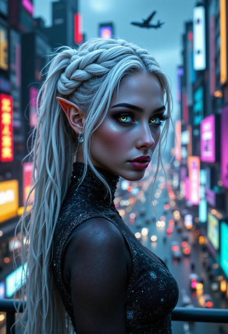 Masterpiece, best quality, ultra-detailed photorealistic portrait of a stunningly beautiful young woman with delicate elven ears and flawless porcelain skin. Her long, silver-white hair is styled in an intricate braid, with loose strands catching the light and shimmering with iridescent pink and blue highlights. She has heterochromia, one eye a luminous gold and the other a deep sapphire blue, both are extremely detailed with an intricate iris and a perfect reflection of the city lights. She has a serene, enigmatic expression, looking slightly away from the camera as glistening raindrops cling to her skin and long eyelashes. She wears a form-fitting black bodysuit made of a material resembling polished obsidian, adorned with intricate, glowing cyan filigree patterns that look like circuits. A translucent, ethereal organza shawl is draped over her shoulders. She stands on a high-tech balcony overlooking a sprawling, neon-drenched cyberpunk cityscape at night. The background is filled with towering skyscrapers, holographic advertisements, and flying vehicles, all softened with beautiful bokeh. The scene is lit by a combination of dramatic, volumetric neon light from below and soft moonlight from above, creating sharp rim lighting on her hair and shoulders. Cinematic lighting, sharp focus, insane details, 8k resolution.