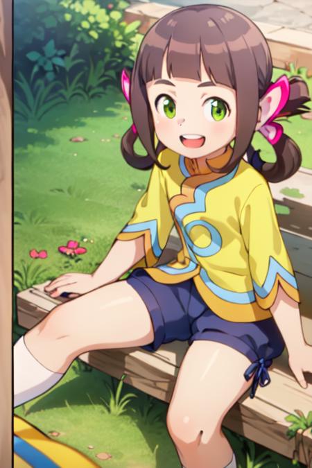 lilia, brown hair, green eyes, hair ornament, flower, hair flower, shoes, shorts, blue shorts, socks, white socks, blunt bangs, hair rings, twintails, shirt, yellow shirt