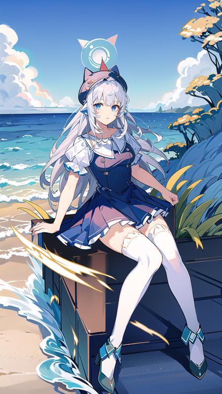 masterpiece, best quality,rotaenoilot,  <lora:IlotRotaenoV1.0:0.8>, full body,1girl, solo, swimsuit, blue eyes, hat, long hair, white thighhighs,looking at viewer,, bangs, sitting,black headwear, breasts, animal hat, hair ornament, grey hair, sitting on beach, ocean background