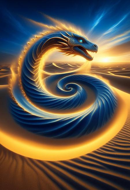 colossal sand leviathan, mythical sea serpent made of shifting golden grains, eyes glowing with cosmic blue fire, emerging from a vast desert sea, desert waves crashing like liquid gold, biomechanical coral reefs growing from its back, intricate fossilized scales, light scattering through airborne dust, ancient runes embedded in its shimmering body, ethereal mirage effects distorting space, fantasy realism, ultra-detailed, cinematic wide-angle shot, high contrast lighting, dust particles illuminated by sunset rays  
sandswirl, swirling sand.
