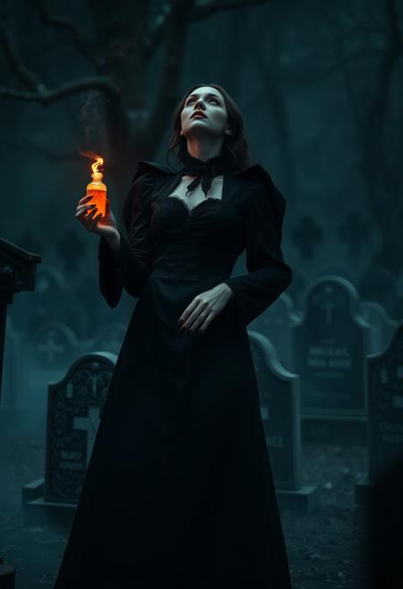 "In a realm of perpetual twilight, where the Night of the Hunt era cast its macabre shadow, a vision of elegance emerged from the darkness. Clad in the imposing garb of an Executioner, she stood like a specter amidst the decrepit tombstones, her beauty a haunting counterpoint to the malevolence that seemed to seep from every stone. A haze of burning incense wafted around her, its sweet scent a stark contrast to the putrid air heavy with the whispers of the damned. In one hand, she grasped a delicate vial filled with a pale, viscous liquid – a token of her macabre pursuits. Her eyes, cast heavenward in silent supplication, seemed to hold a secret sorrow, even as a blood-drunk smile twisted across her lips like a promise of dark delight. The camera's gaze fell upon her from an unnatural angle, as if the very tombstones themselves were conspiring against all sense of decorum. Fog swirled around her ankles like a living entity, choking out all sound save for the whispers that seemed to emanate from the shadows themselves. A gleaming crow-feather brooch pinned to her breast seemed a mocking touch of elegance in a world gone mad."