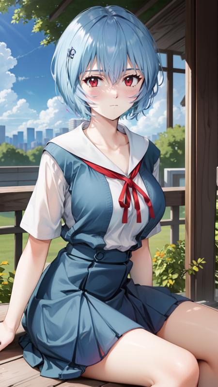 ReiU,  1girl,  solo,  short hair,  blue hair,  red eyes,  hair between eyes,  closed mouth,  bangs,  large breasts,  school uniform,  skirt,  ribbon,  tokyo-3 middle school uniform,  shirt,  red ribbon,  expressionless,  standing,  white shirt,  short sleeves,  blush,  neck ribbon,  pale skin,  collarbone,  blue skirt,  outdoors,  sky,  clouds,  trees,  school,  campus,  sitting,  spread legs,  open legs,<lora:EMS-270868-EMS:0.800000>