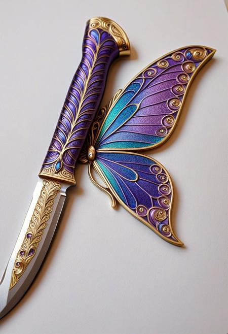butterflyStyle,
purple butterflyStyle, 
A photograph depicts a close-up of a hand drawing a detailed, (a Art Nouveau knife morphing into iridescent butterfly wings) line sketch of a rifle on white paper. , holographic display with technicolor patterns, chrome metal plating transforming into delicate wing membranes, goldwork eggplant color theme, intricate pattern, detailed goldwork, Art Nouveau style, focus on knife, The hand, with medium skin tone, holds a metallic pencil. The rifle design includes a long barrel, a stock, and a visible magazine. The lines are clean and precise, indicating careful attention to detail. The background is out of focus, emphasizing the drawing.