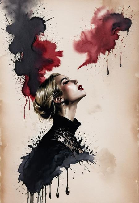 RAW profile photo, close-up, dark atmosphere, masterpiece, cinematic film still of a blonde beautiful woman, detailed eyes,eyeliner, darkred lipstick, black lace turtleneck dress, tack sharp focus on eyes, Sensual, lustful, seductive,  intricate, ultra detailed, 8k, <lora:MS_DitavT_V1_32:0.6>
