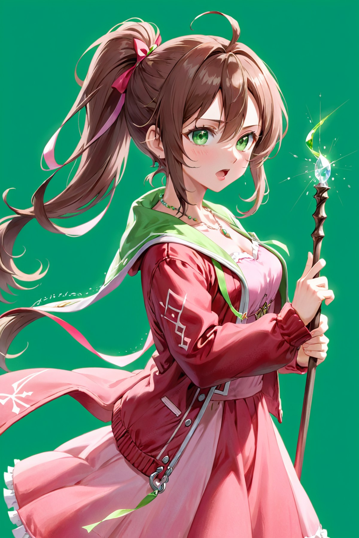 (masterpiece, best quality:1.2), aerith_gainsborough, 1girl, breath, brown_hair, cropped_jacket, dress, green_background, ...