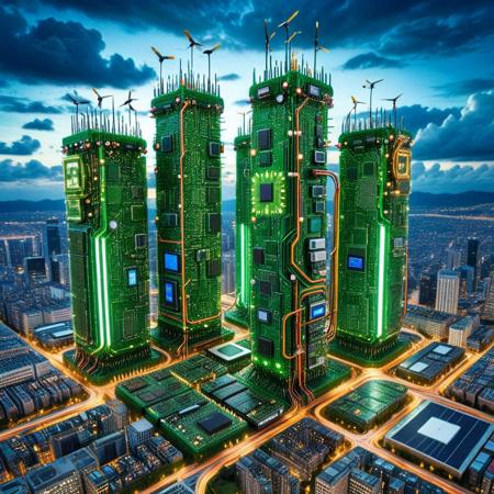 a cityscape designed as an enormous vertical motherboard, skyscrapers doubling as capacitors and regulators, metro lines flowing through LED-lit data channels, clouds shaped from solder smoke, drones flying along clock-synced lanes, pcb_style