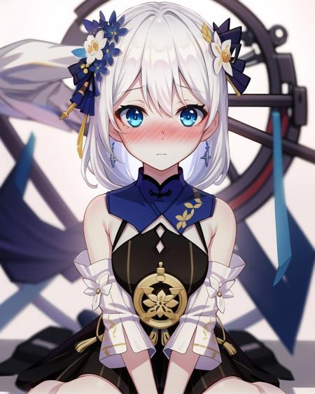 detailed,masterpiece,ultra-detailed,solo,(1girl),(Delicate eyes),(white background:1.3),theresa_apocalypse,silver hair,blue eyes,expressionless,full body,(wariza:1.3),dress, hair_ornament, chinese hairpin,detached_sleeves,looking at viewer,nose blush,Hair bundle,backlighting,one hand between legs, one hand behind head,