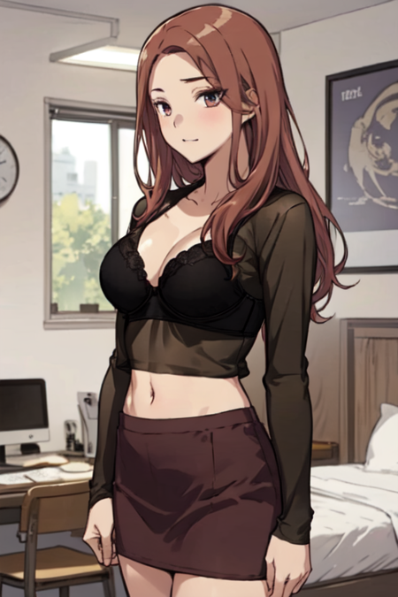 YoonjiMyRoom, 1girl, solo, long hair, miniskirt, large breasts, brown hair, shirt, long sleeves, navel, cleavage, brown eyes, red hair, midriff, black bra, see-through shirt, black shirt, purple skirt, 