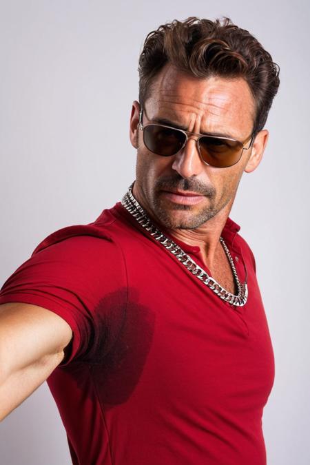 front close-Portrait of a sexy tough rough masculine 50 y.o gay man marine is (wearing clothes:1.2) a dark-red-(shirt:1.3) with sweat. He has dark wavy hair and is wearing sunglasses. His (head is to the side:1.2) slightly down looking down (sniffing his armpit:1.3), nose close to armpit, posing for the camera. The background is a white wall. wrist watch, (s3t on:1.3) armpit, medium full body shot, Caucasian, large nose, wrist watch, thin lean man, pulling his necklace down, shiny sweaty skin, pores, <lora:sweaty_shirt_v5-28-B1-Rescale:1.1>, natural lighting, 4k, high quality, Fujifilm XT3 <lora:80sHorror_Bussy_Killer:0.6:lbw=0.18,0,0,0,0,0,0.6,1.1,1,0,0.15,1> 80sHorror, cover art, Bussy Killer