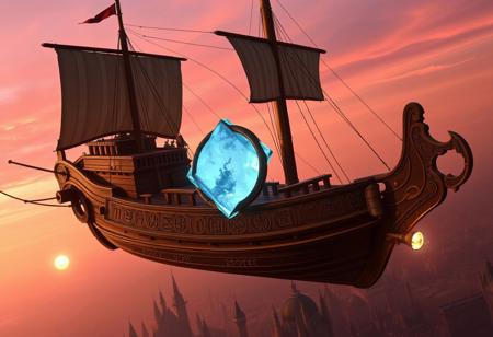 Subject & Setting
An ornate wooden skyship, inspired by Critical Role and The Legend of Vox Machina, soaring high above the city of Emon in Tal’Dorei. The hull resembles a grand galleon, powered by a large brumestone crystal (glowing faint-blue) mounted with a ring  horizontally on an out-rigger-type fixture. 
Key Visual Details
vertical and horizontal masts with  sails for stability rather than propulsion.
Intricate runes carved into the ship’s planks, faintly illuminated by arcane energy.
Style & Mood
A fusion of cinematic realism and realistic cg .
Warm sunset colors, with pink-orange sky and soft rim lighting around the vessel.
Epic, adventurous atmosphere—emphasize the sense of wonder in magical flight.
Composition & Perspective
A dramatic three-quarter view from slightly below, showcasing the skyship’s scale.
Emon’s spired skyline visible far beneath, giving depth and grandeur to the scene.
Additional Guidance
Maintain a high-fantasy aesthetic; avoid modern or sci-fi elements.
Keep the focus on the skyship—no random floating islands or excessive clutter.