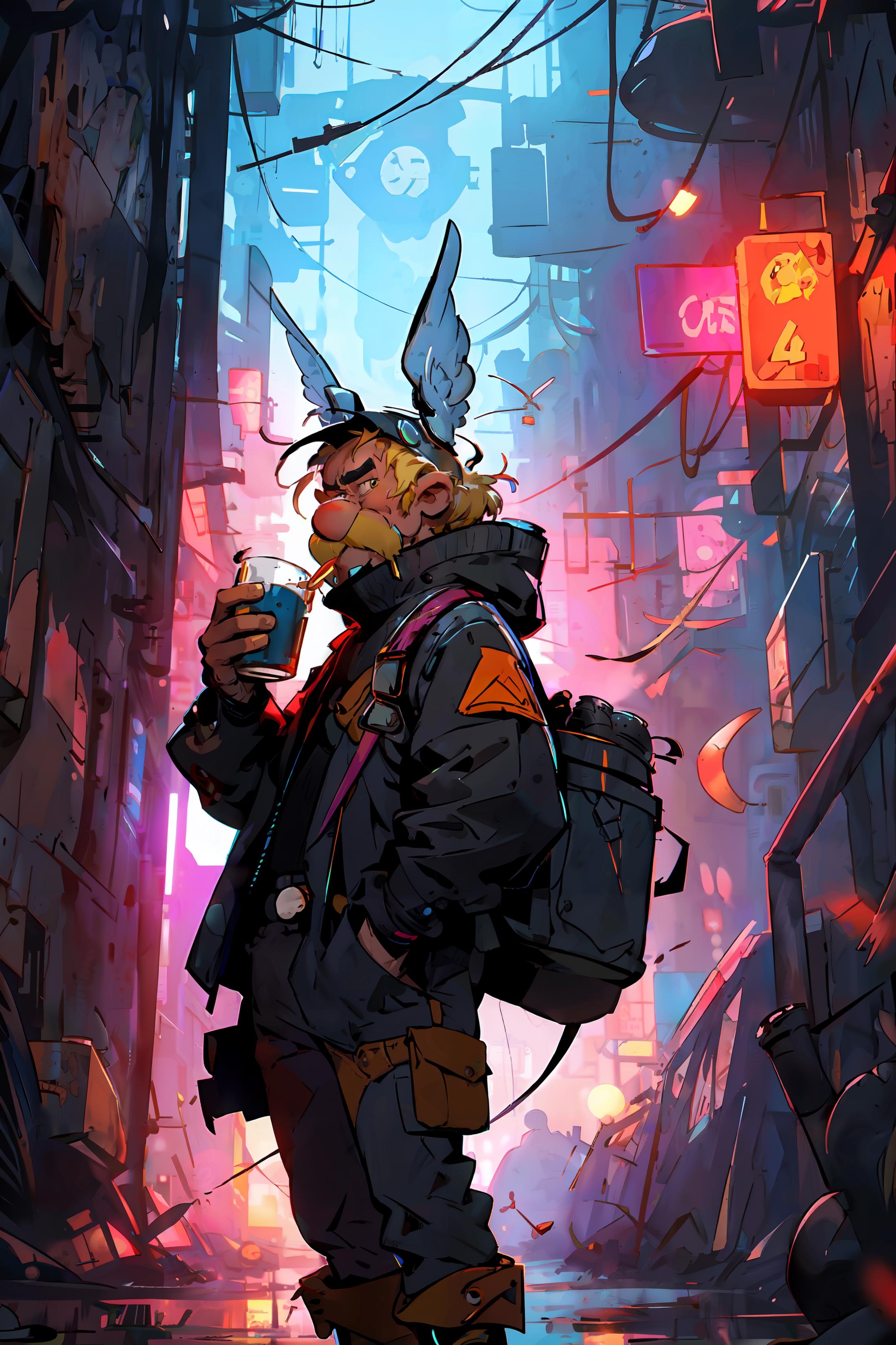 A man wearing a blue jacket and a hat with horns, holding a drink and a backpack in a city setting.