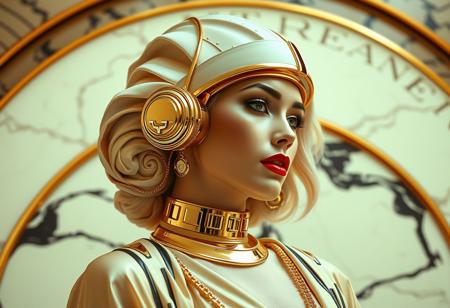 art deco woman 1980s retro-futurism , alabaster and marble , gold and chrome , flowing robes