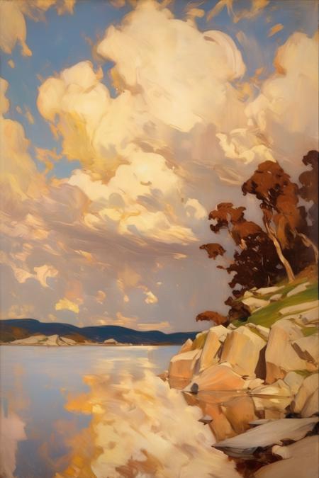 <lora:William Langson Lathrop Style:1>William Langson Lathrop Style - a very quickly rendered, heavy impasto, very expressive oil painting by both Frank Brangwyn and John Singer Sargent that depicts a lake with granite islands and huge, golden cumulus clouds above filling the sky