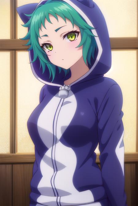 yaya fushiguro, short hair, (green eyes:1.3), green hair, long sleeves, hood, hoodie, animal hood, track suit, cat hood,