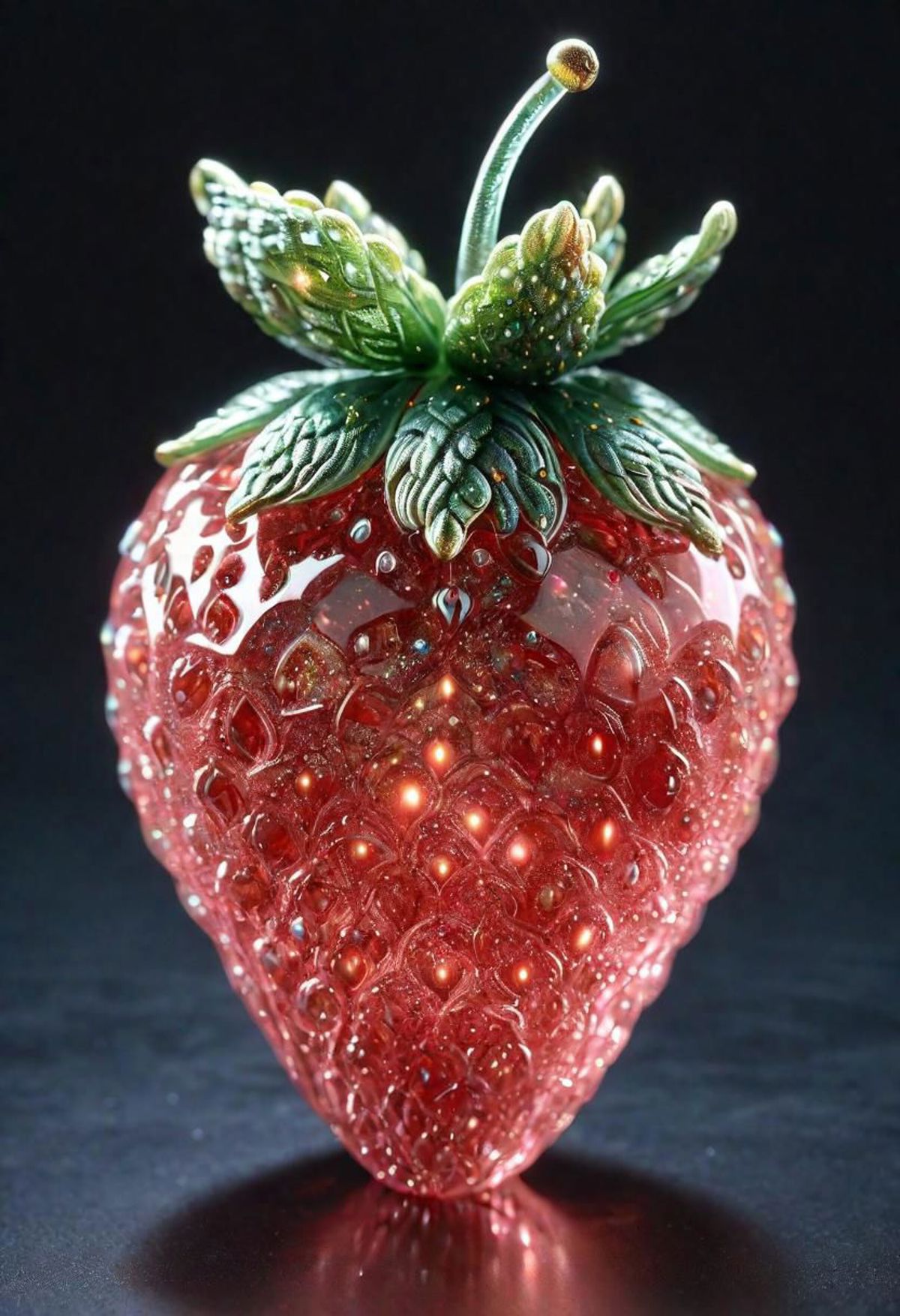 A red strawberry with green leaves and sparkling jewels.