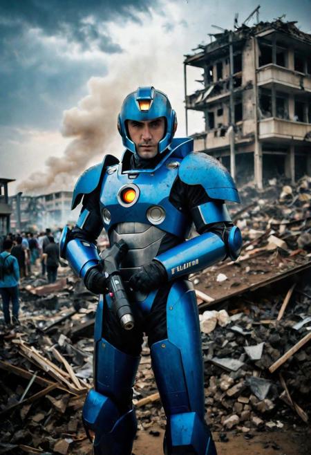 Photo of a megaman who is standing looking at how his city has been destroyed by a nuclear bomb. He has just arrived at the disaster and observes the horror of the destruction, ruined buildings full of smoke and flames, ground full of rubble with skeletons lying around In the dawn light floods the scene, the man is completely dressed in normal clothes and wet, he is dirty, everything is a disaster, the sky is cloudy and it is raining, , Fujifilm XT3,film still,film grain,cinematic,soldier accessories,war style, professional photo,best quality and best aesthetic,Award-winning artistic photos,Outdoors,public places,defeated posture, ( detailed in background:1.6)Serious,Curi, (dirty armor:1.6)