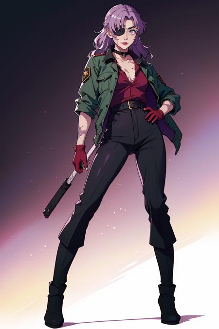 blonde and violet gradient hair long ponytail eyepatch glasses blue eyes black choker burn scars on face and chest red blouse green military jacket black dress pants stylish boots fingerless gloves