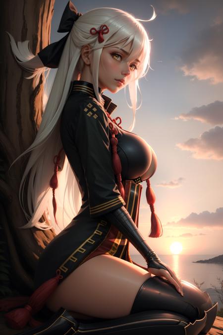 masterpiece, best quality, okita souji alter, very long hair, hair bow, tassel, arm warmers, black coat, red dress, cleavage, black thighhighs, sitting, looking at viewer, tree, sunset, emotionless, from side <lora:okitasoujialter-nvwls-v1-000010:0.9>