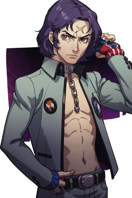 masterpiece, best quality, solo, 1boy, looking at viewer, scowl,<lora:P3-Protraits_Fp:0.8>, simple background, <lora:Reiji:1>, reijip1, school uniform, scar, fingerless gloves, belt, collar, chain, open clothes