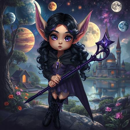 1girl, fantasy elf, long fantasy elven ears, natural lighting, realistic style, round cheek bones, full lips, small mouth, small nose, round face, black velvet boots laced with leather straps, petite, ((very thin waist:1.5)), body shaped like hourglass, long curled black hair with purple highlights, purple eyes, pupils showing, colourful planets and moon and stars and space in the background, a tome, zoomed out, full veiw, a purple elven metal armor, wearing a purple magical staff, long black cloak, hyperealistic, fantasy castlle sitting in a magical jungle in the background, a lake in the background, cute face, purple dress,
