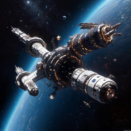 Design a breathtaking scene set in the vastness of space, where a futuristic spaceship is gracefully docking with a massive space station. Imagine this spacecraft as a marvel of human engineering, with sleek lines, glowing accents, and an array of advanced technologies on display. The space station, a towering structure with intricate details and multiple docking ports, serves as a bustling hub of interstellar activity.

As the spaceship aligns perfectly with the docking bay, highlight the intricate dance of mechanical arms and magnetic locks securing the two structures together. Add a dramatic touch with a vibrant nebula glowing in the background, its vivid colors contrasting the dark void of space. Enhance the sense of depth and movement with stars streaking across the scene, creating a captivating starfield.

Include subtle lighting effects to showcase the reflective surfaces of the spaceship and space station, emphasizing their metallic sheen. Perhaps add a few smaller vessels or spacewalkers nearby, providing a sense of scale and additional visual interest. The overall composition should evoke a sense of wonder, showcasing the beauty and excitement of space exploration and the potential of human ingenuity in the future.
